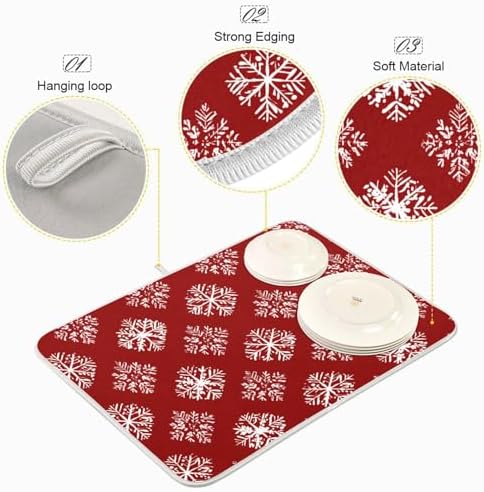 OTVEE Snowflake’ Red Canvas Dish Drying Mat for Kitchen Counter