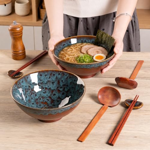 40oz Japanese Ceramic Ramen Bowl Set of 2 with Chopsticks and Spoons