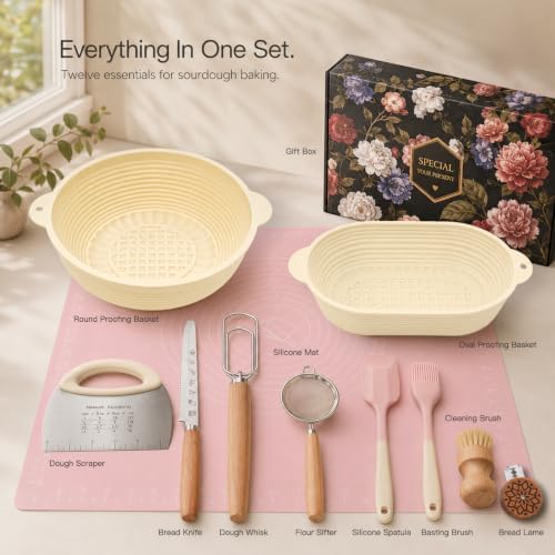 Proofing Basket Kit, 12-Piece Sourdough Baking Set with Round & Oval