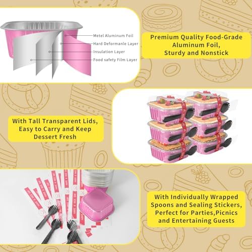 40 Pack 10oz Mini Cake Pans with Lids,Pink Aluminum Foil Cake Tins