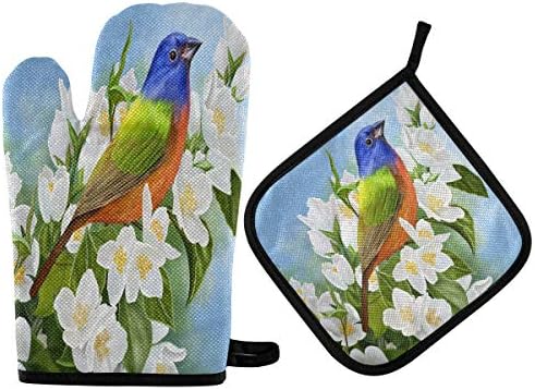QMXO Large Bright Bird Flower Oven Mitts Quilted Cotton Lining
