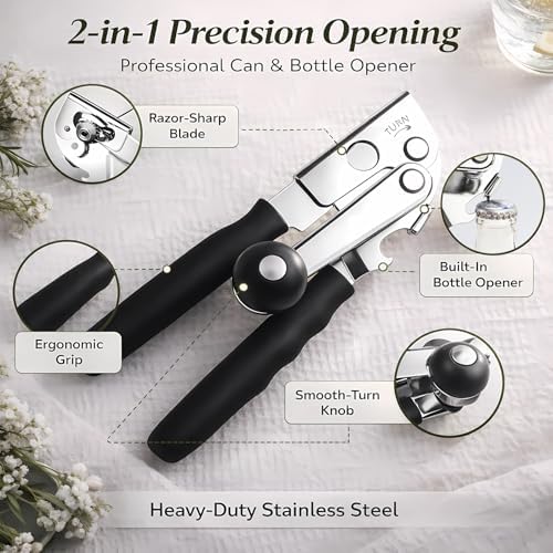 Heavy Duty Manual Can Opener for Seniors & Adults with Magnetic Lid