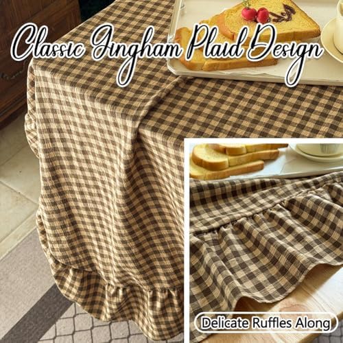 NSNLGSGC Tan Plaid Gingham Ruffled Tablecloth Rectangle 58"x84"