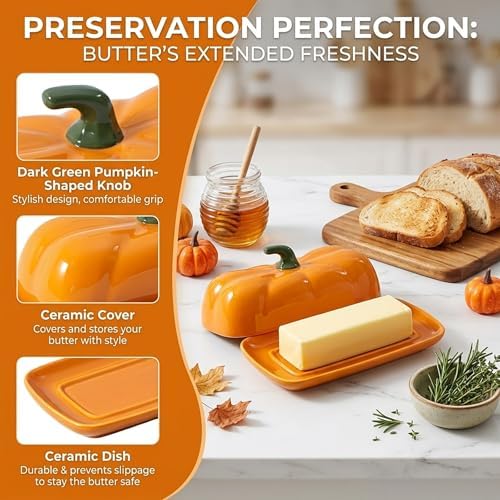 Ceramic Pumpkin Butter Dish with Lid - Halloween Kitchen Countertop