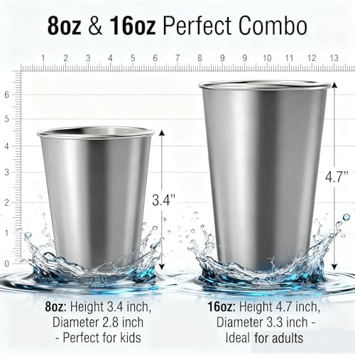 Stainless Steel Cups & Pint Tumblers Set of 8 - 4 Pack 8 oz + 4 Pack