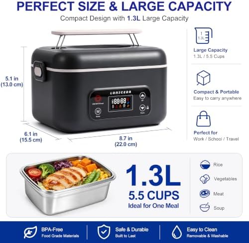 LONICERA Cordless Electric Lunch Box, 12000mAh, 1.3L