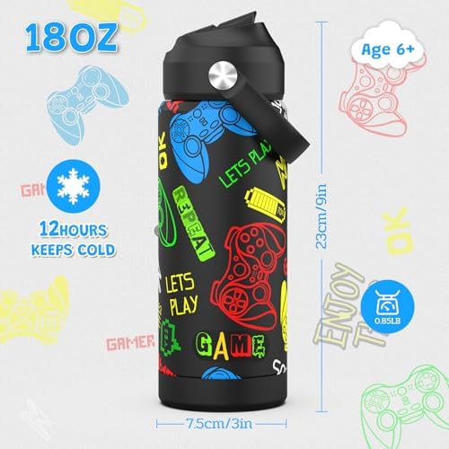 Boys Game Water Bottle for School,Kids 18 oz Insulated Stainless Steel
