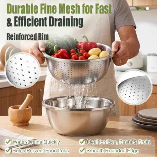 4 Pcs 304 Stainless Steel Colander Set, 5 Qt and 2 Qt Metal Strainer Bowls with Matching Mixing Bowls Large Capacity for Washing Rice Vegetables Fruit, Kitchen Draining Set, Dishwasher Safe