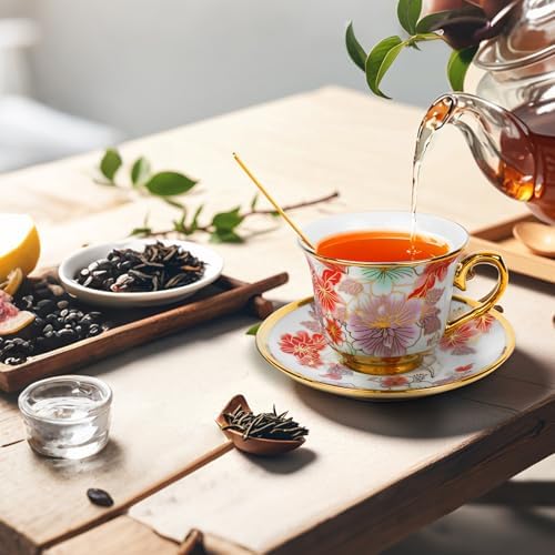 Tea Cups and Saucers Set of 6, 8 OZ Ceramic Tea Cups with Saucers