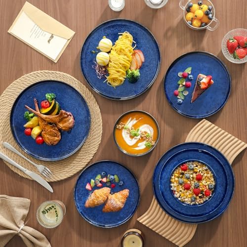 vancasso Starry Plates and Bowls Sets for 8, 24 Pieces Blue Dinnerware Sets for Kitchen, Modern Stoneware Dishes Set, Dishwasher and Microwave Safe