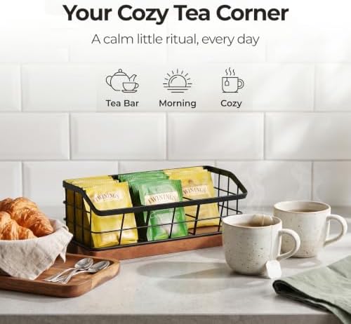 WILDMOS Tea Bag Organizer,Iron Wire Basket with Wooden Base.Tea