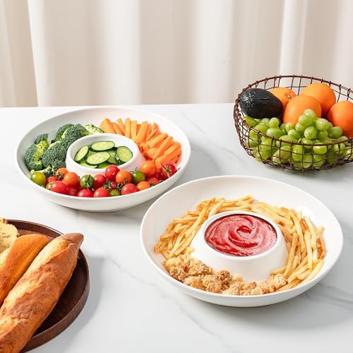 LEHAHA Ceramic Chips and Dip Serving Tray, 12 Inch Large Divided Bowls Set for Salsa, Veggies & Dip, Appetizers, Snacks, Serving Dish Platter for Parties Hosting & Entertaining. Set of 2, white
