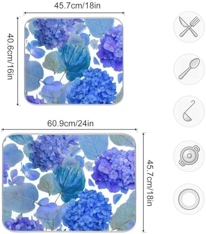 OTVEE Blue Hydrangea Blossom Decor Dish Drying Mat for Kitchen Counter