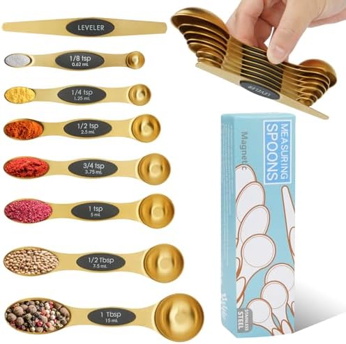 Magnetic Measuring Spoon Set of 8 with Leveler (Gold)