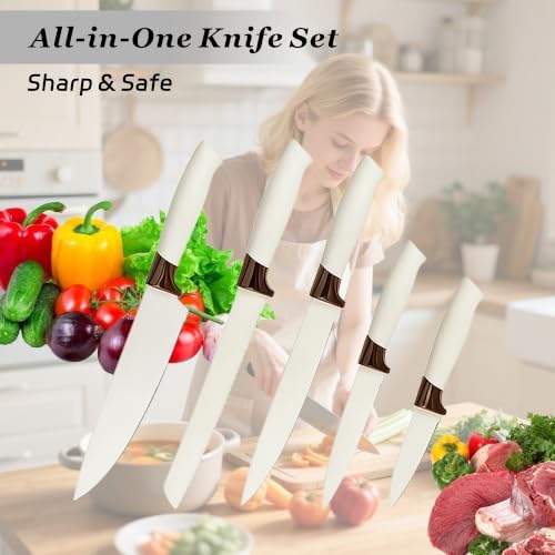 19 Piece Kitchen Utensil Set with Knife Set and Holder, White