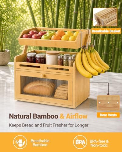 Bread Box for Kitchen Countertop, Bamboo Bread Storage with Fruit Basket