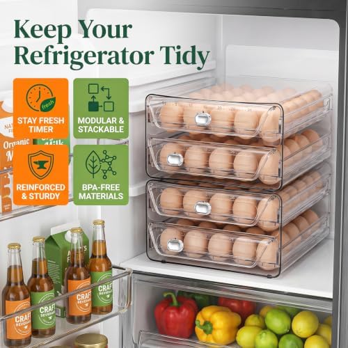 60 Egg Holder for Fridge Clear 2 Layers Egg Tray with Date Tracker