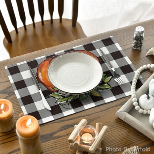 Artoid Mode Buffalo Plaid Pumpkin Fall Placemats Set of 6-12 x 18 Inch