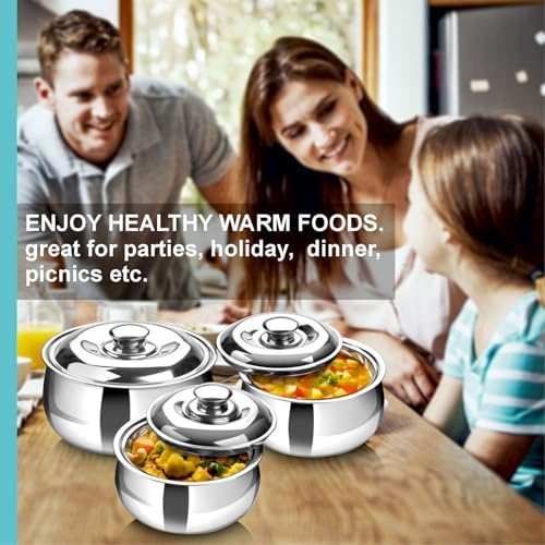 SIGNORA WARE Large Insulated Casserole Dish with Lid Set of 3. Stainless steel Hot Pot Food Warmer/Cooler -Thermal Soup/Salad Serving Bowl Stainless Steel Hot Food Container–Best Gift Set for Moms