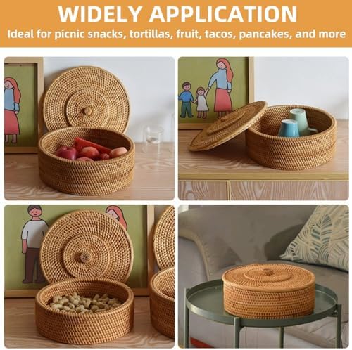 Covzoe Large Rattan Tortilla Warmer with Lid and Cotton Cloth