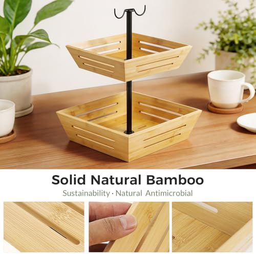 G.a HOMEFAVOR 2-Tier Bamboo Square Fruit Basket for Kitchen Countertop