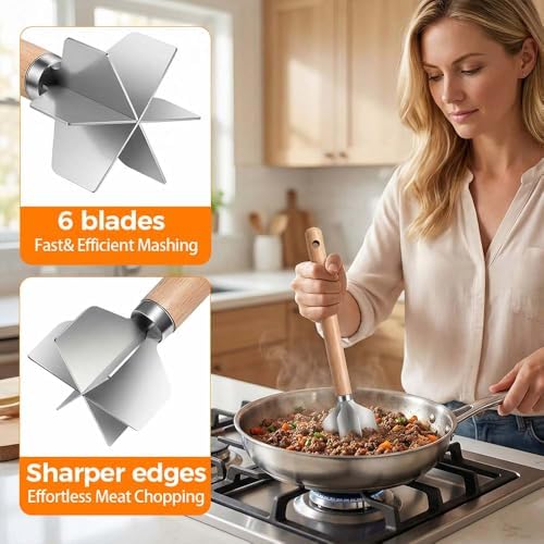 304 Stainless Steel Meat Chopper, 6 Blade Ground Beef Masher with