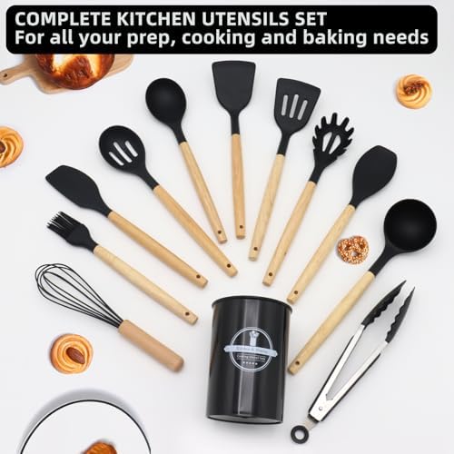 12-Piece Silicone Kitchen Utensils Set with Wooden Handle, Non-Stick &