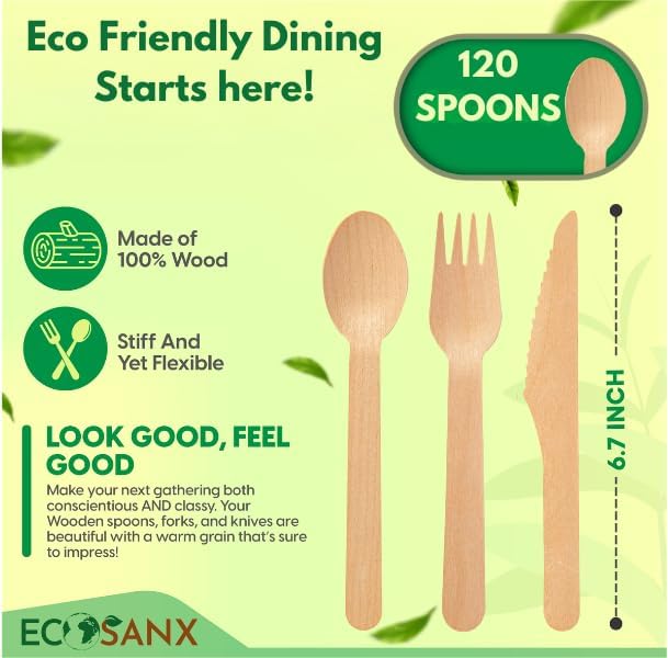 ECOSANX® 120 PCs Wooden spoons for eating, 6.5" Splinter Free small disposable - Image 2