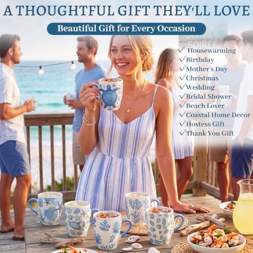 Qinyoung 6 Pcs Coastal Coffee Mugs Set 12oz Beach Ceramic Cups with