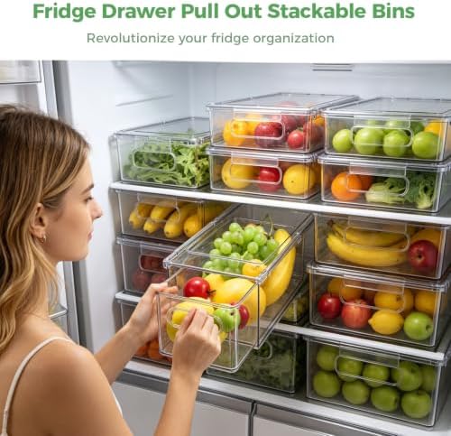2 Pack Fridge Drawer Pull Out Stackable Bins, 13.4 x 5 x 4.3 in