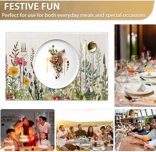 Set of 6 Washable Herbs and Wild Flowers Placemats Non-Slip