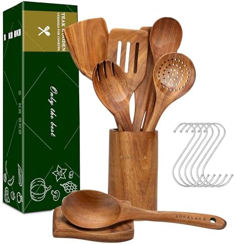 Wooden Spoons for Cooking, 9Pcs Natural Teak Wooden Utensils for