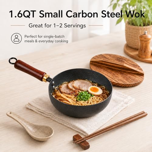 7.8-Inch Small Carbon Steel Wok with Wooden Lid, 1.6QT