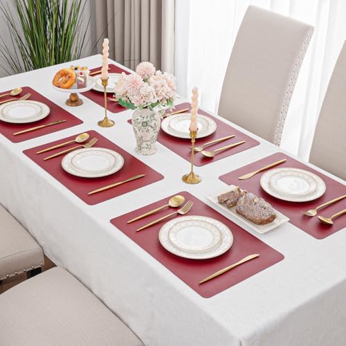 SHACOS Vinyl Placemats Set of 6 Faux LeatherPlace Mat, Red