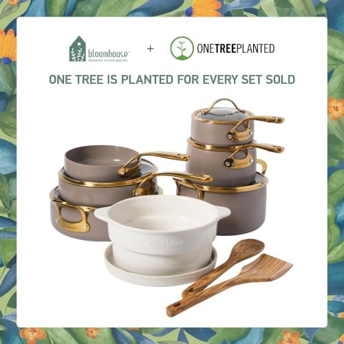 Bloomhouse 15-Piece Ceramic Nonstick Cookware Set, Two Time Oprah's Favorite Things, Heavy-Gauge Aluminum Pots and Pans Set, PFAS & PFOA & PTFE Free Ceramic Cookware, Oven Safe to 500°F, Cappuccino