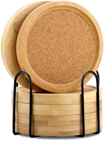 Bamboo Cork Coasters for Drinks Absorbent with Holder Set of 6, Bamboo