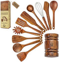 11-Piece Teak Wooden Utensil Set with Holder