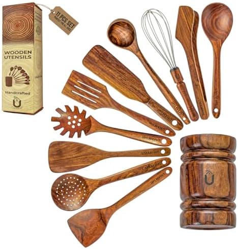 11-Piece Teak Wooden Utensil Set with Holder