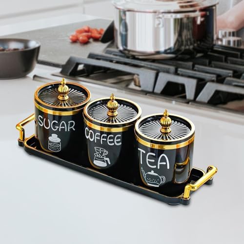 Fenteer 3 Piece Ceramic Canisters Set for Sugar Coffee Tea Storage