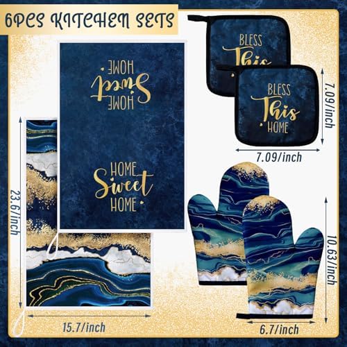 Bencailor 6 Pcs Blue Kitchen Towels, Oven Mitts and Potholder