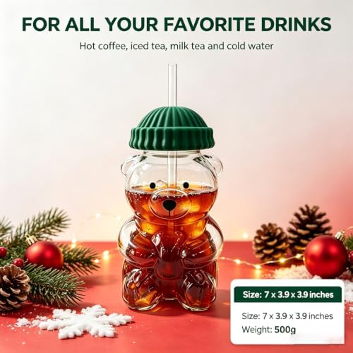Cute Bear 20oz High Borosilicate Glass Cup with Straw & Lid, Iced
