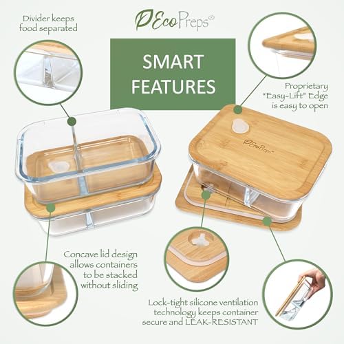 EcoPreps Glass Meal Prep Containers with Bamboo Lids, 2 Compartment