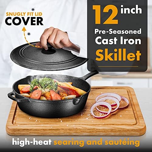 Bruntmor 5 Qt Cast Iron Sauté Pan with Lid