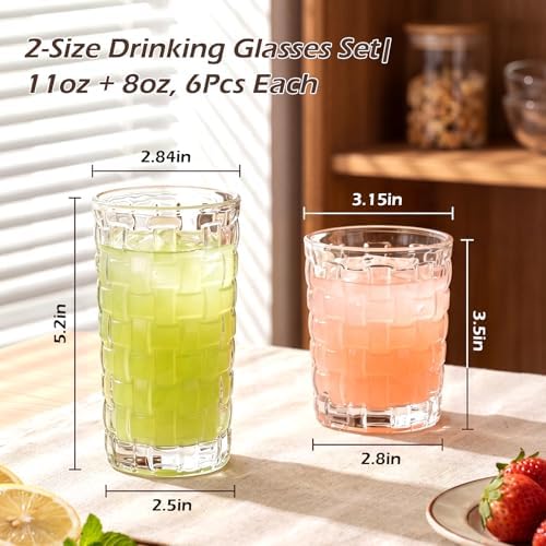 QAPPDA Embossed Drinking Glasses 12 Pack, 11oz & 8oz Old Fashioned