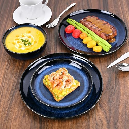 16 Pcs Porcelain Dinnerware Sets for 4 with Double Bowls, Blue
