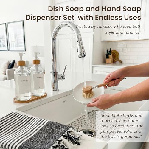 Maisonovo Dish Soap Dispenser Set, Clear with White Bamboo Pumps