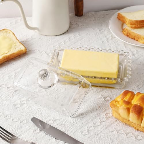 Glass Butter Dish with Lid, Clear Crystal Design, Decorative Beaded