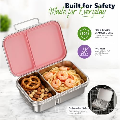 Pawtong Stainless Steel Bento Box for Kids, 2 Compartment Food Grade