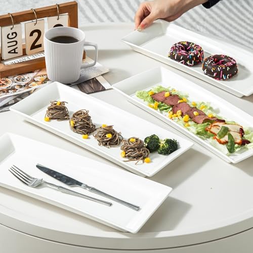 14" Rectangular Platters Set of 4, White Ceramic Platters, Large Serving Plates for Party, Entertaining, Wedding, Rectangle Serving Dishes for Steak, Sushi, Appetizer, Oven Dishwasher Safe