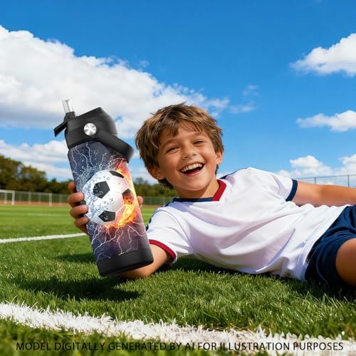 Boys Soccer Water Bottle for School,Kids 18 oz Insulated Stainless